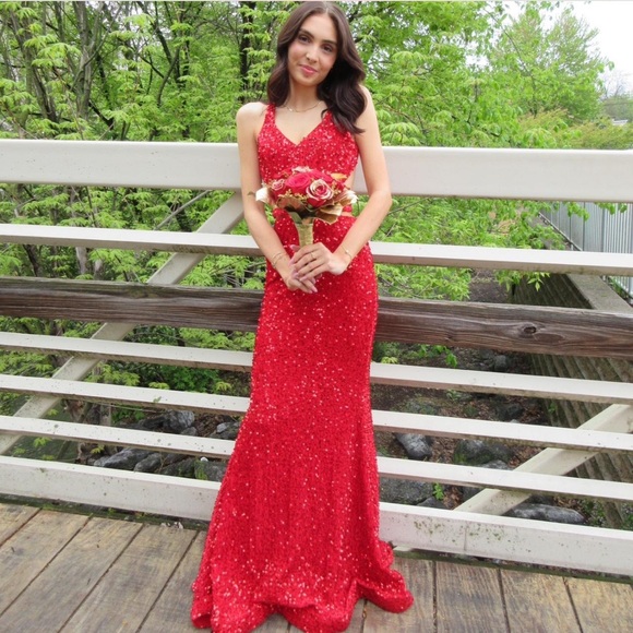 faviana red sequin dress Red Pointed Corset Long Dress With All-Over Beading Pattern